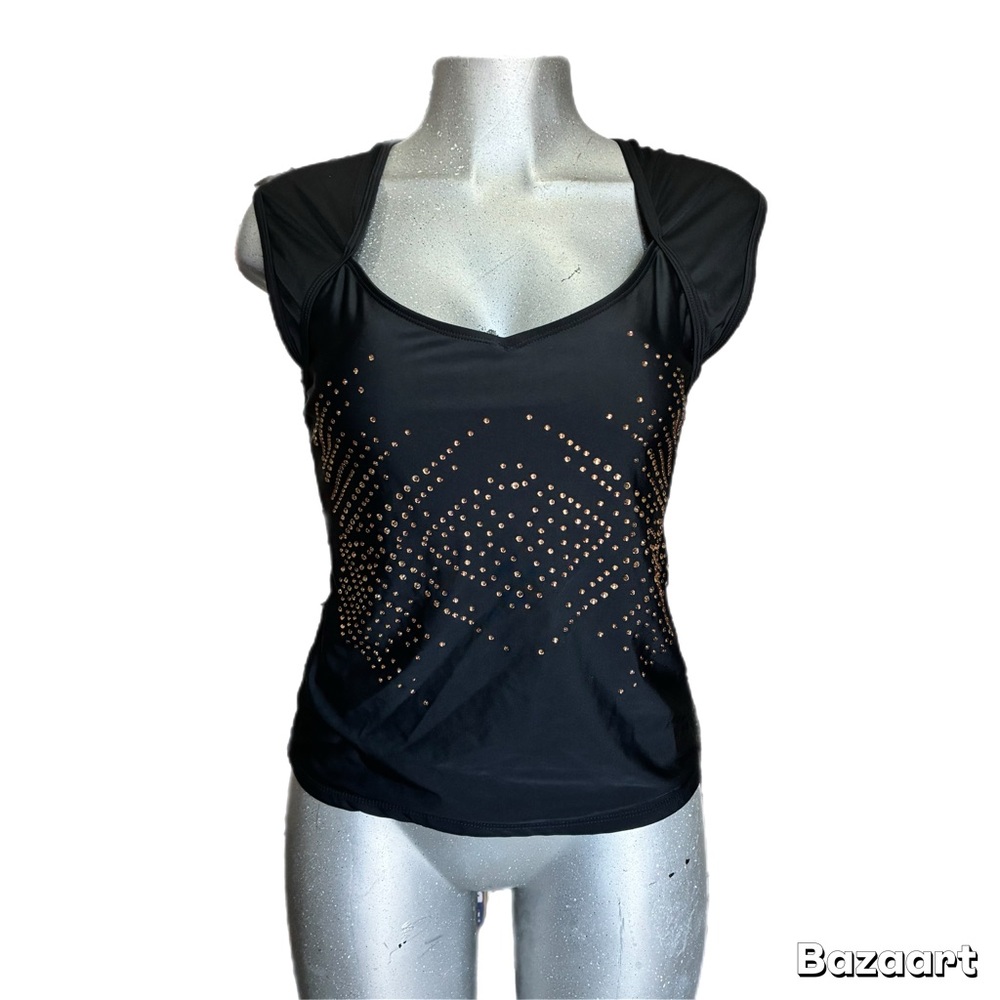 Nicole Miller Black Tankini Top Swimwear Cap Sleeve Rhinestone Embellished Sz 10